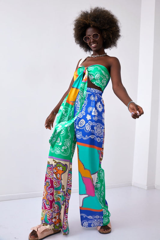 satin set of pants and short multicolored top 150